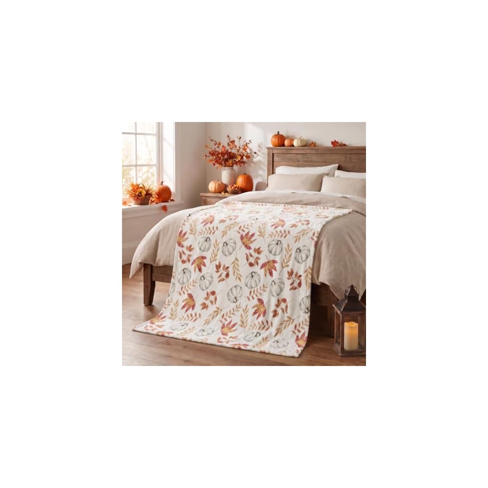 Fall Beige Pumpkin Flannel Throw Blanket 50x60