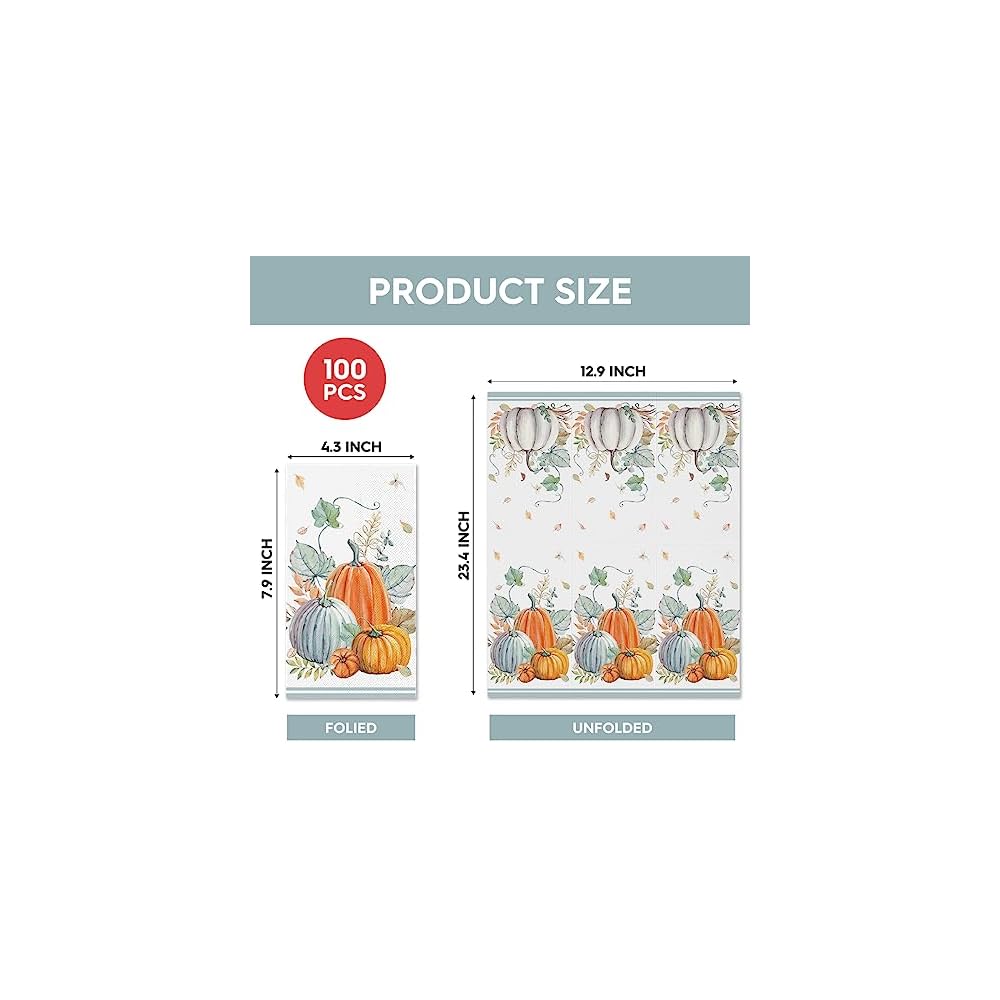 100Pcs Fall Paper Napkins, Watercolor Pumpkin