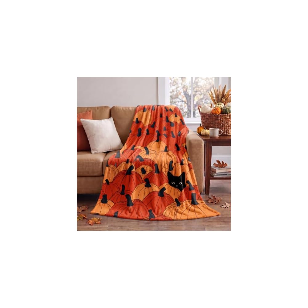 Fall Orange Pumpkin Cat Flannel Throw Blanket 60x80