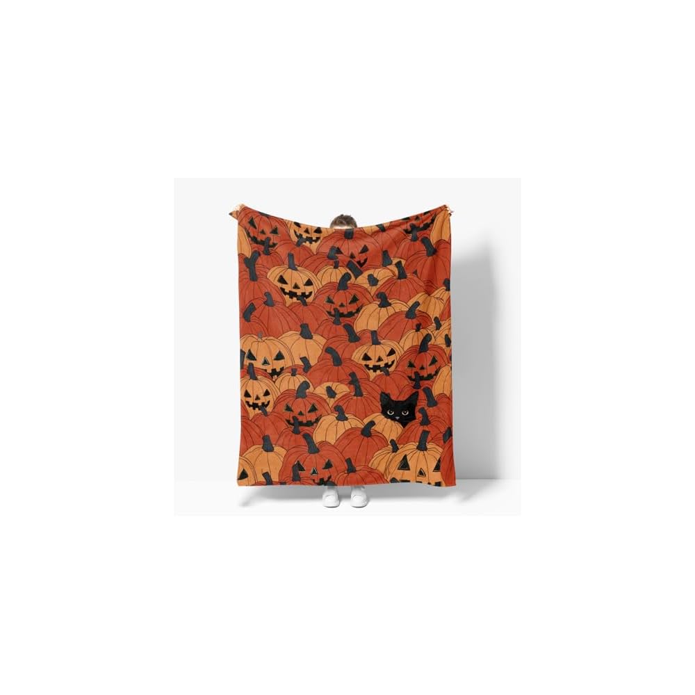 Fall Orange Pumpkin Cat Flannel Throw Blanket 60x80