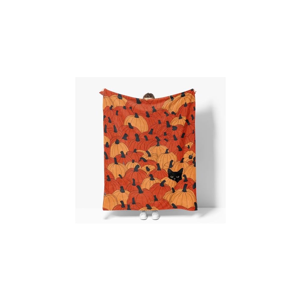 Fall Orange Pumpkin Cat Flannel Throw Blanket 60x80