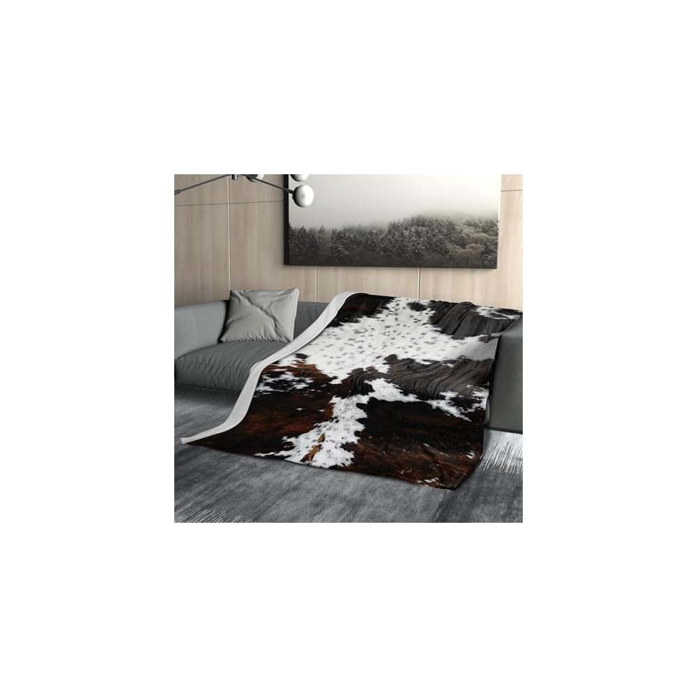 Cow Print Blanket Soft Flannel Lightweight Cowhide Western Throw Blanket Cozy Warm White Brown Cow Blankets All Seasons Living Room Decor for Couch Chair Bed Sofa Office 60x80 inch