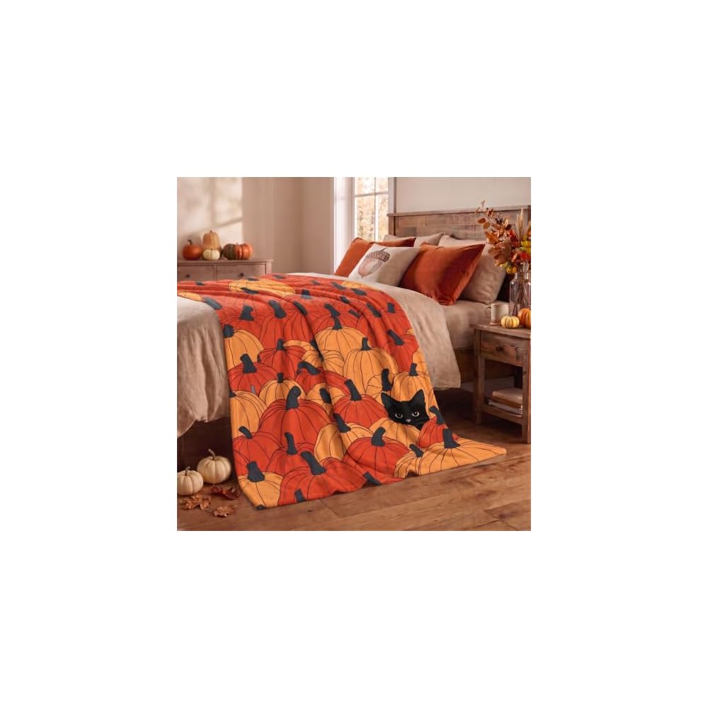 Fall Orange Pumpkin Cat Flannel Throw Blanket 60x80