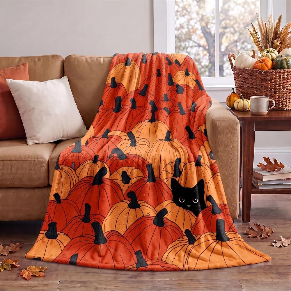 Fall Orange Pumpkin Cat Flannel Throw Blanket 60x80